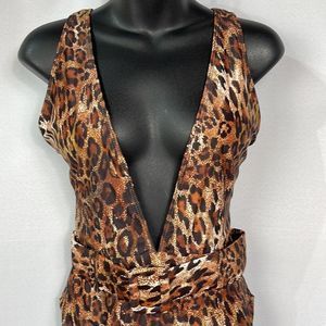 Women's Brown Leopard Print Swimsuit Plunging Neckline Belted Low V Back…